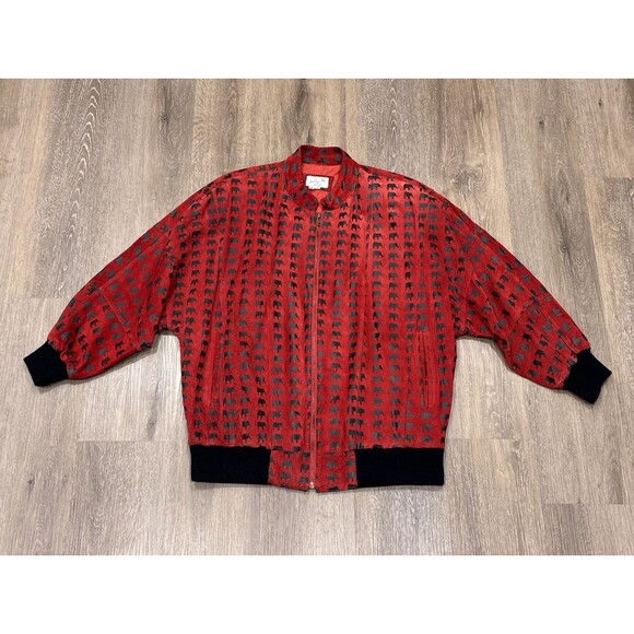 Vintage Suede Leather Jacket Womens Medium Red Elephant Print Oversized Bomber - Picture 1 of 16